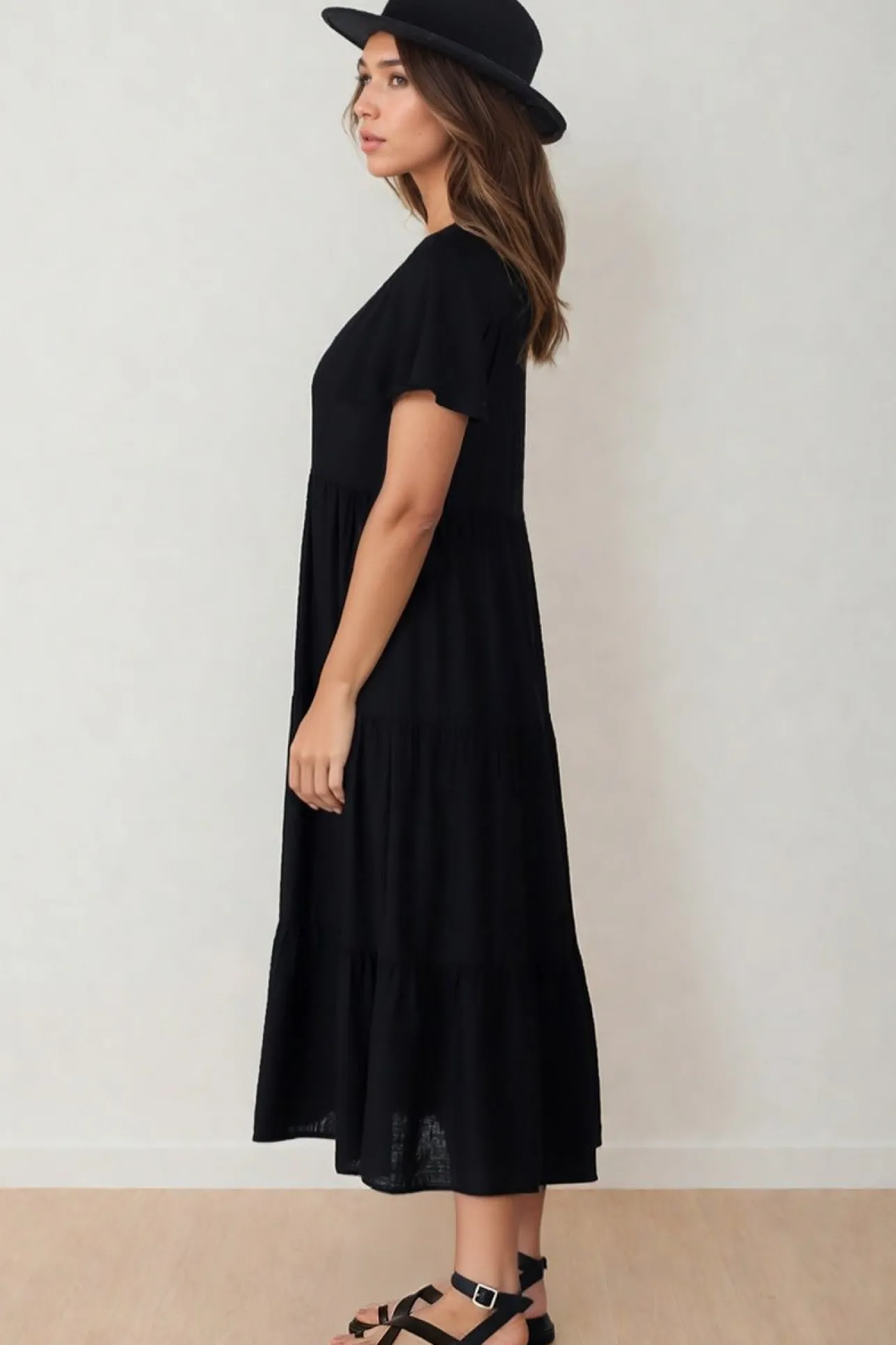 Milla Midi Dress - Tiered Cap Sleeve Button Down Linen Dress in Black>Salty Crush Best