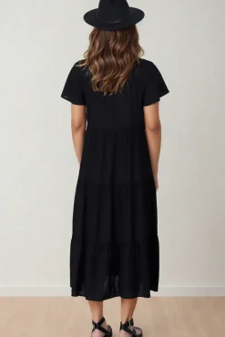 Milla Midi Dress - Tiered Cap Sleeve Button Down Linen Dress in Black><noscript><img width=