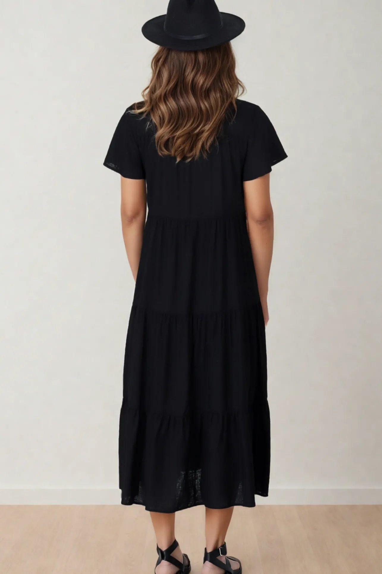 Milla Midi Dress - Tiered Cap Sleeve Button Down Linen Dress in Black>Salty Crush Best