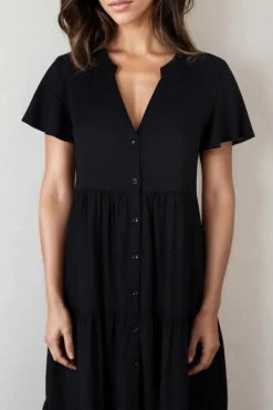 Milla Midi Dress - Tiered Cap Sleeve Button Down Linen Dress in Black><noscript><img width=