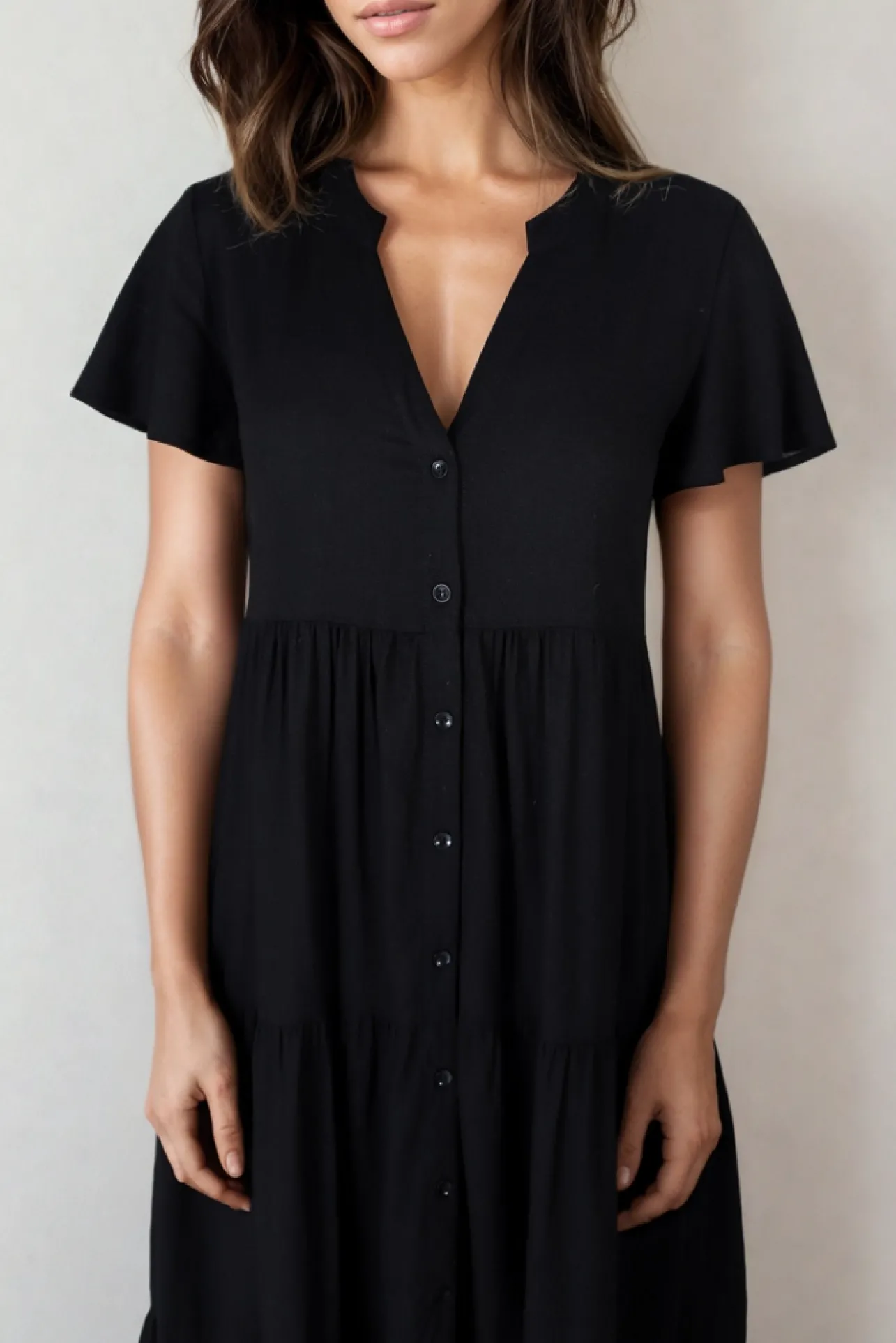 Milla Midi Dress - Tiered Cap Sleeve Button Down Linen Dress in Black>Salty Crush Best