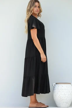 Milla Midi Dress - Tiered Cap Sleeve Button Down Linen Dress in Black><noscript><img width=