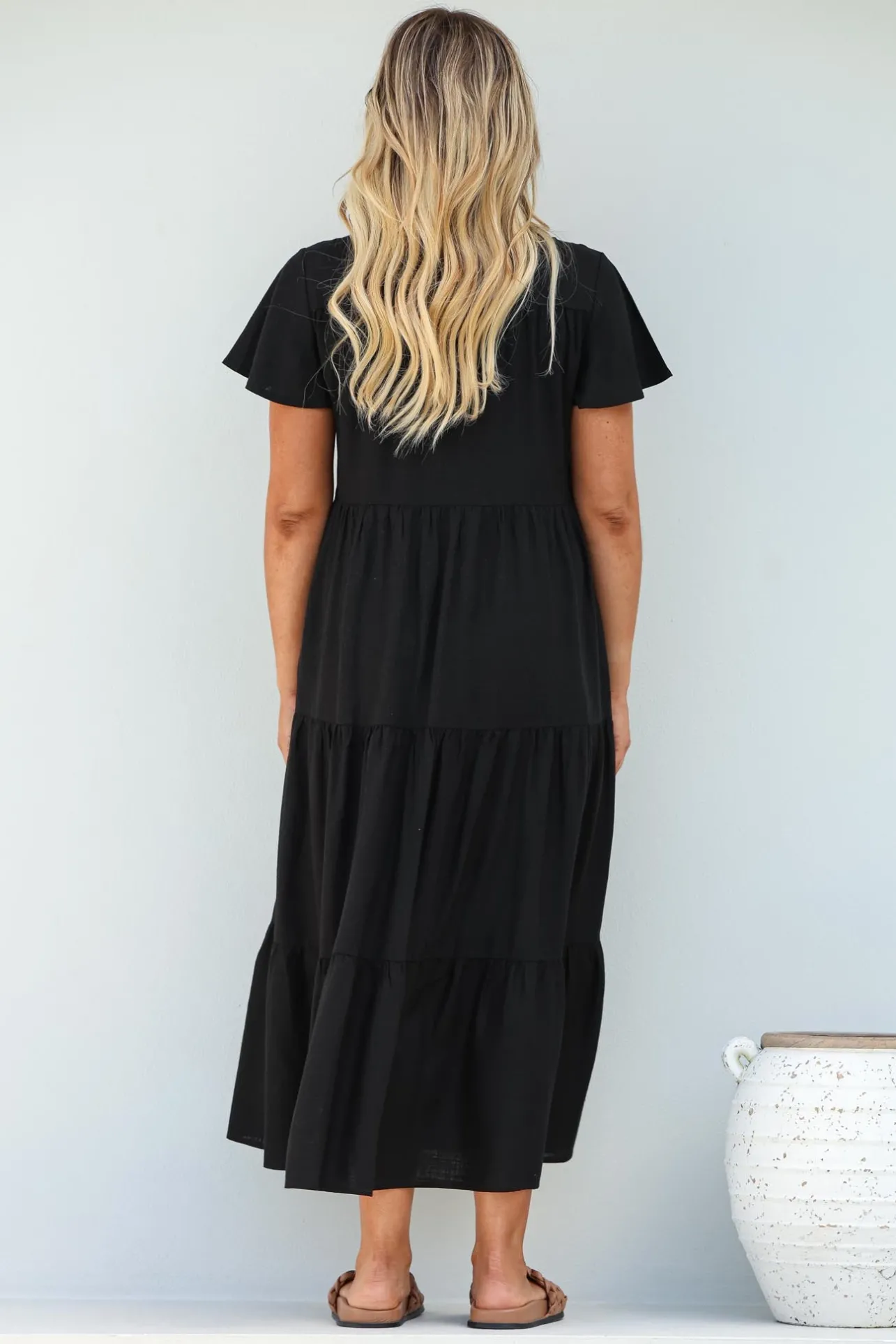 Milla Midi Dress - Tiered Cap Sleeve Button Down Linen Dress in Black>Salty Crush Best