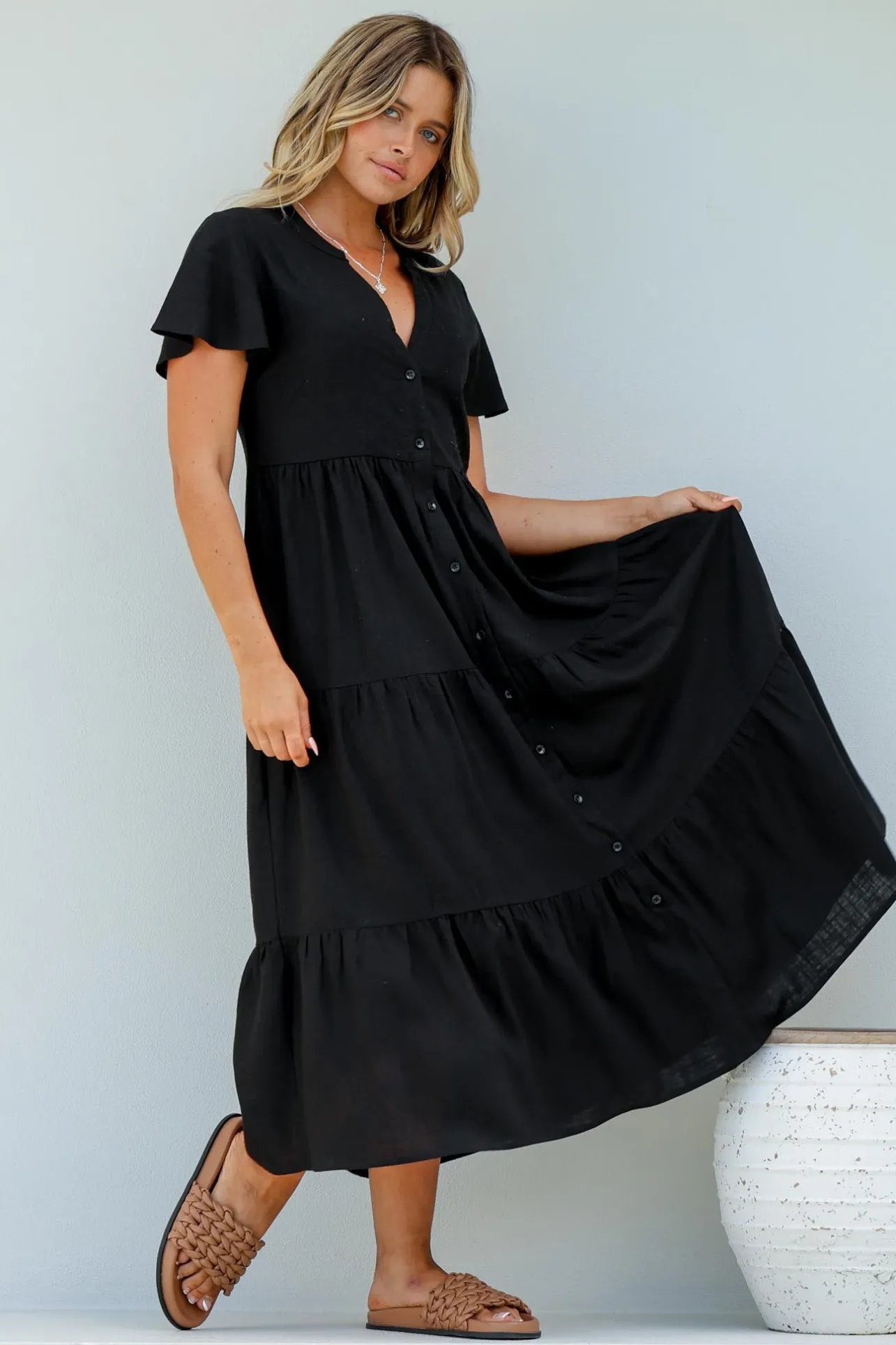 Milla Midi Dress - Tiered Cap Sleeve Button Down Linen Dress in Black>Salty Crush Best