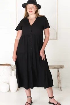 Milla Midi Dress - Tiered Cap Sleeve Button Down Linen Dress in Black><noscript><img width=