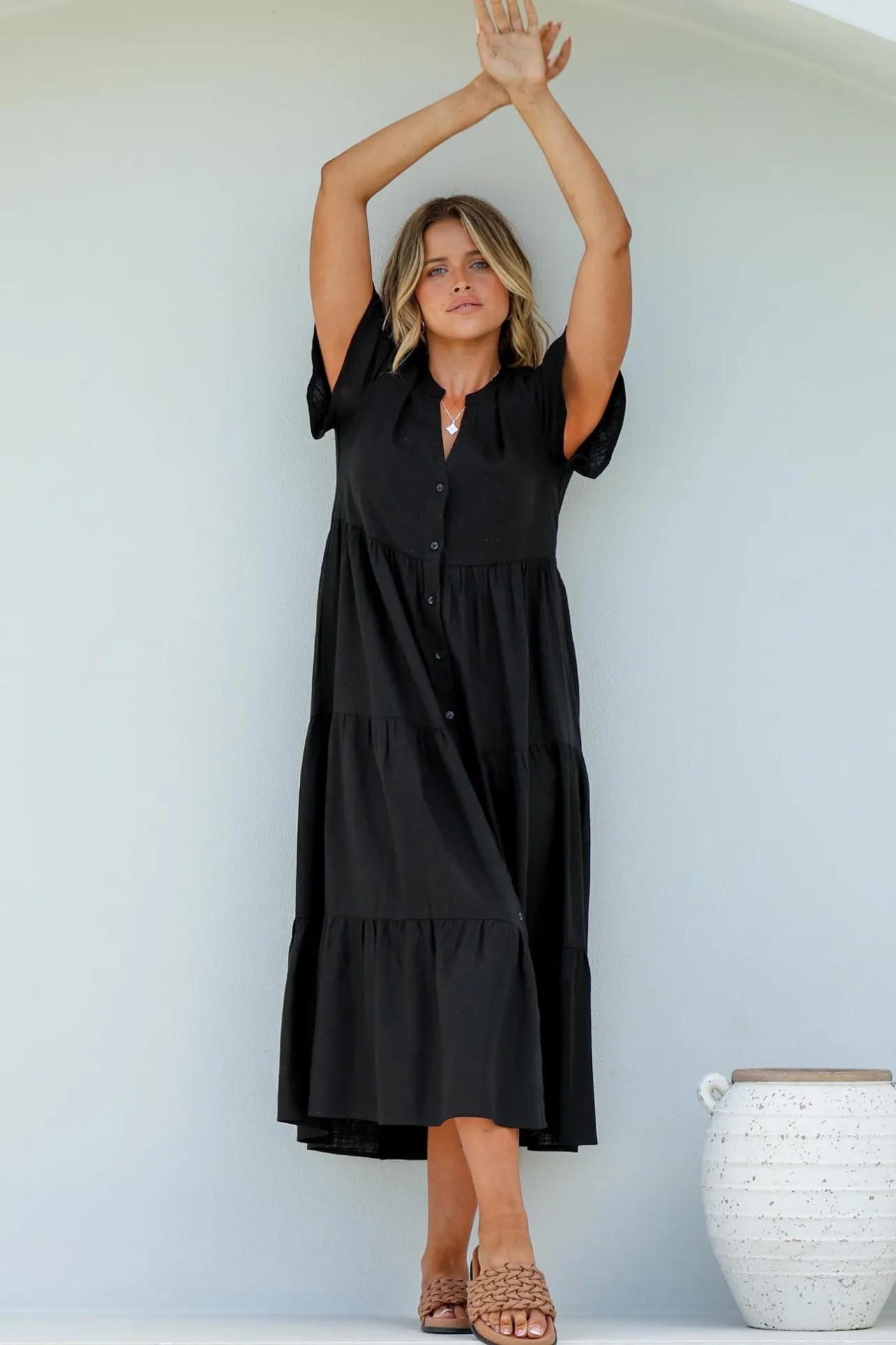 Milla Midi Dress - Tiered Cap Sleeve Button Down Linen Dress in Black>Salty Crush Best