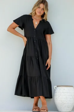 Milla Midi Dress - Tiered Cap Sleeve Button Down Linen Dress in Black><noscript><img width=