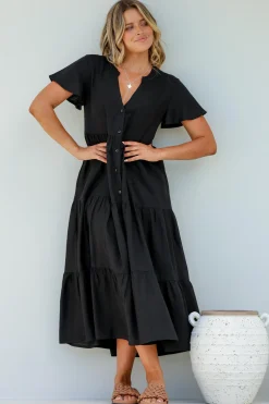 Milla Midi Dress - Tiered Cap Sleeve Button Down Linen Dress in Black><noscript><img width=