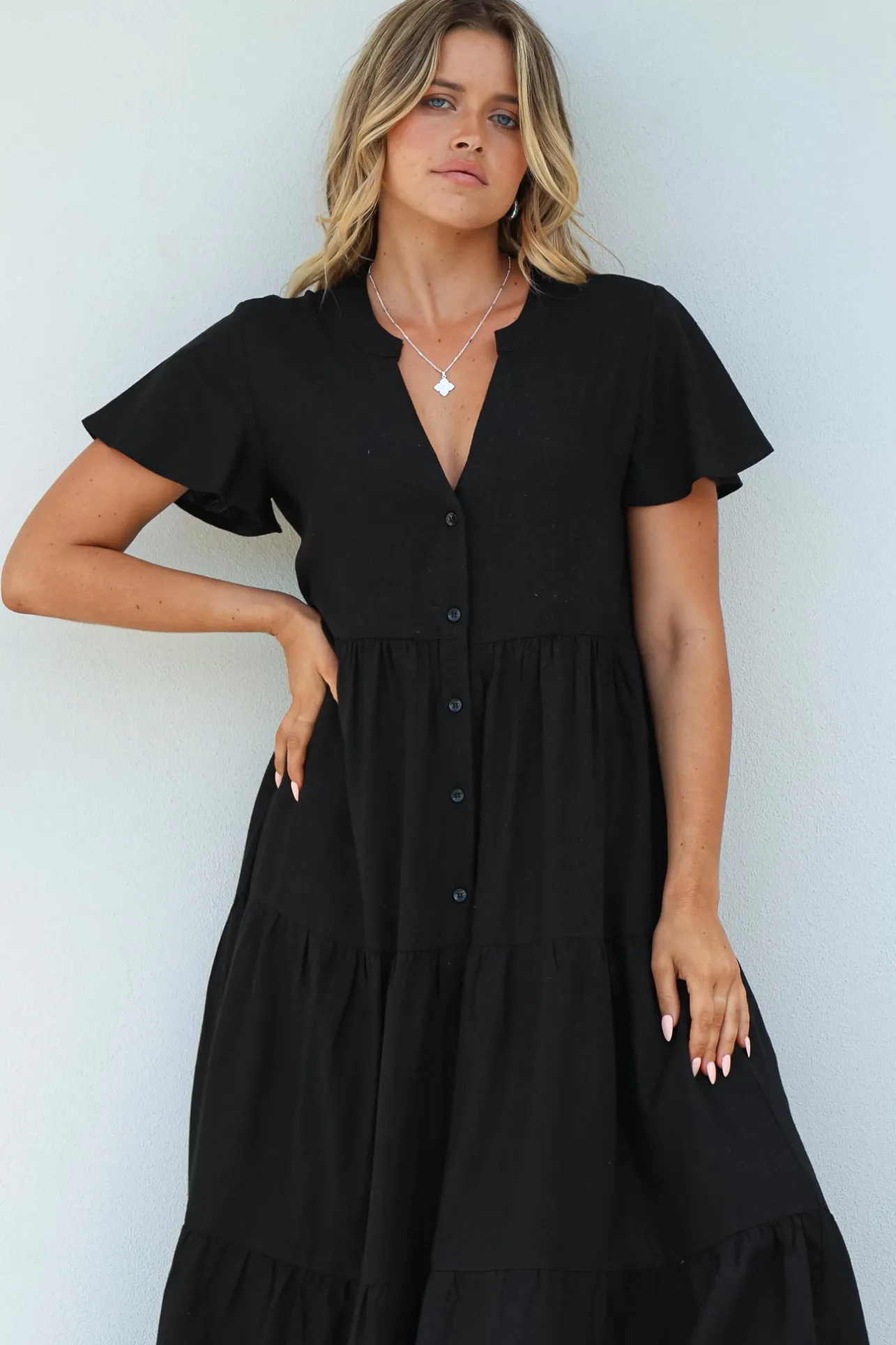 Milla Midi Dress - Tiered Cap Sleeve Button Down Linen Dress in Black>Salty Crush Best
