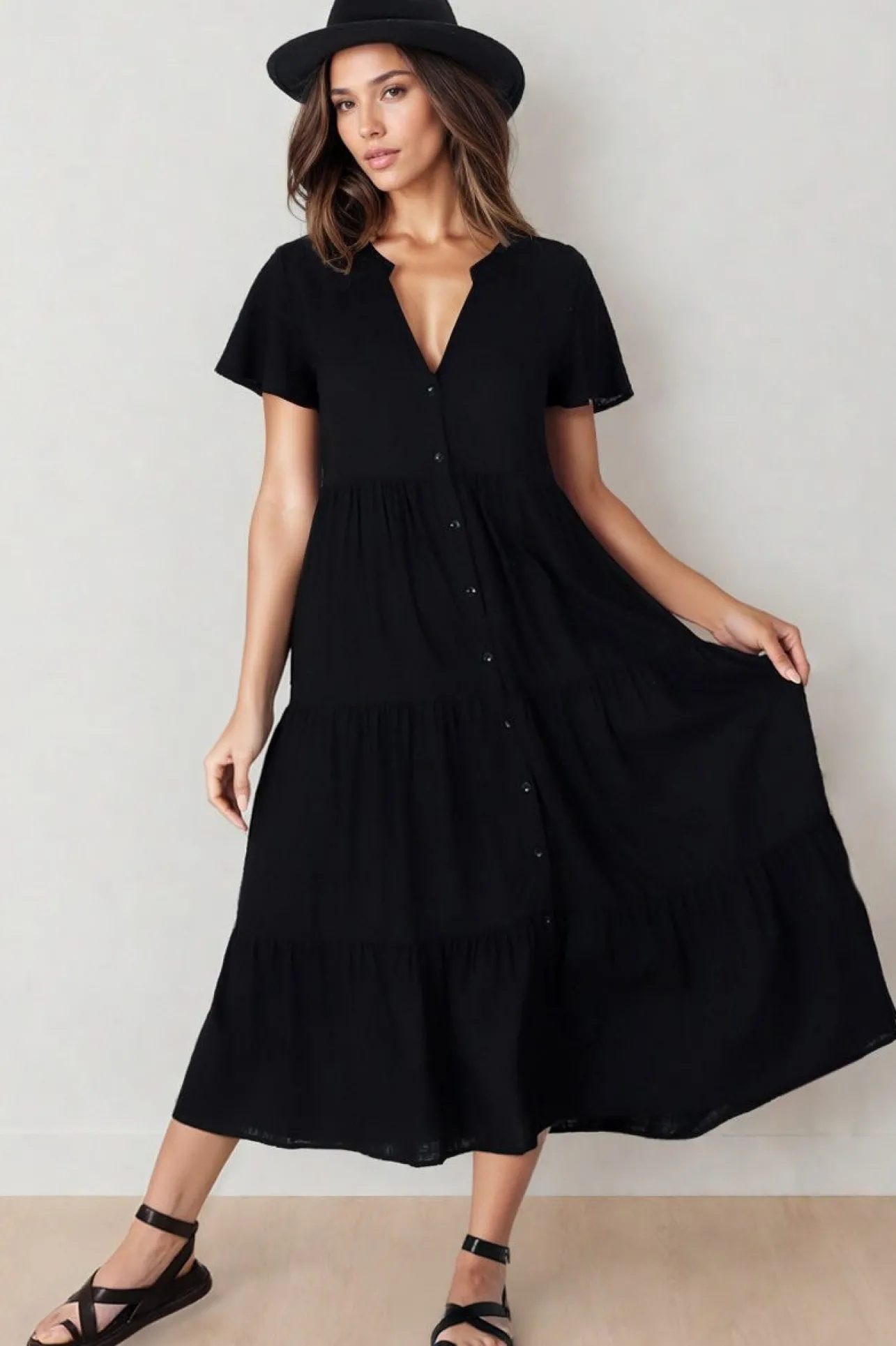 Milla Midi Dress - Tiered Cap Sleeve Button Down Linen Dress in Black>Salty Crush Best