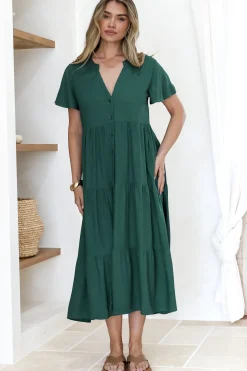 Milla Midi Dress - Tiered Cap Sleeve Button Down Linen Dress in Emerald><noscript><img width=