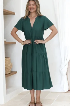 Milla Midi Dress - Tiered Cap Sleeve Button Down Linen Dress in Emerald><noscript><img width=