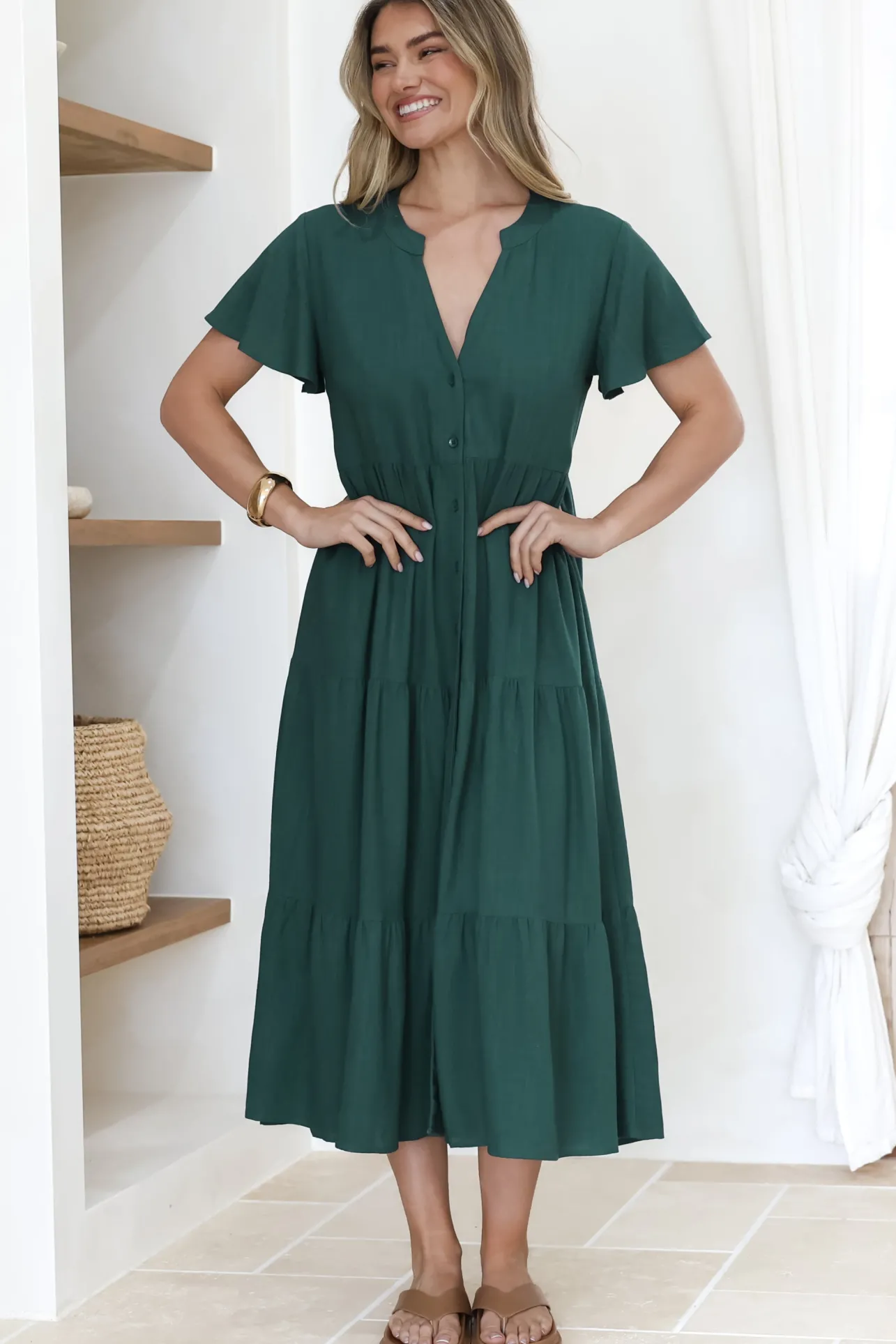 Milla Midi Dress - Tiered Cap Sleeve Button Down Linen Dress in Emerald>Salty Crush Discount