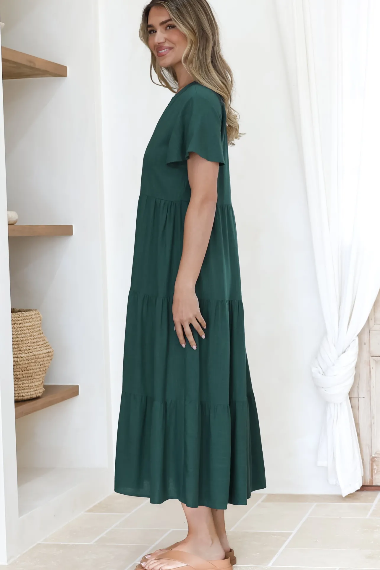 Milla Midi Dress - Tiered Cap Sleeve Button Down Linen Dress in Emerald>Salty Crush Discount