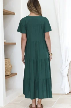 Milla Midi Dress - Tiered Cap Sleeve Button Down Linen Dress in Emerald><noscript><img width=