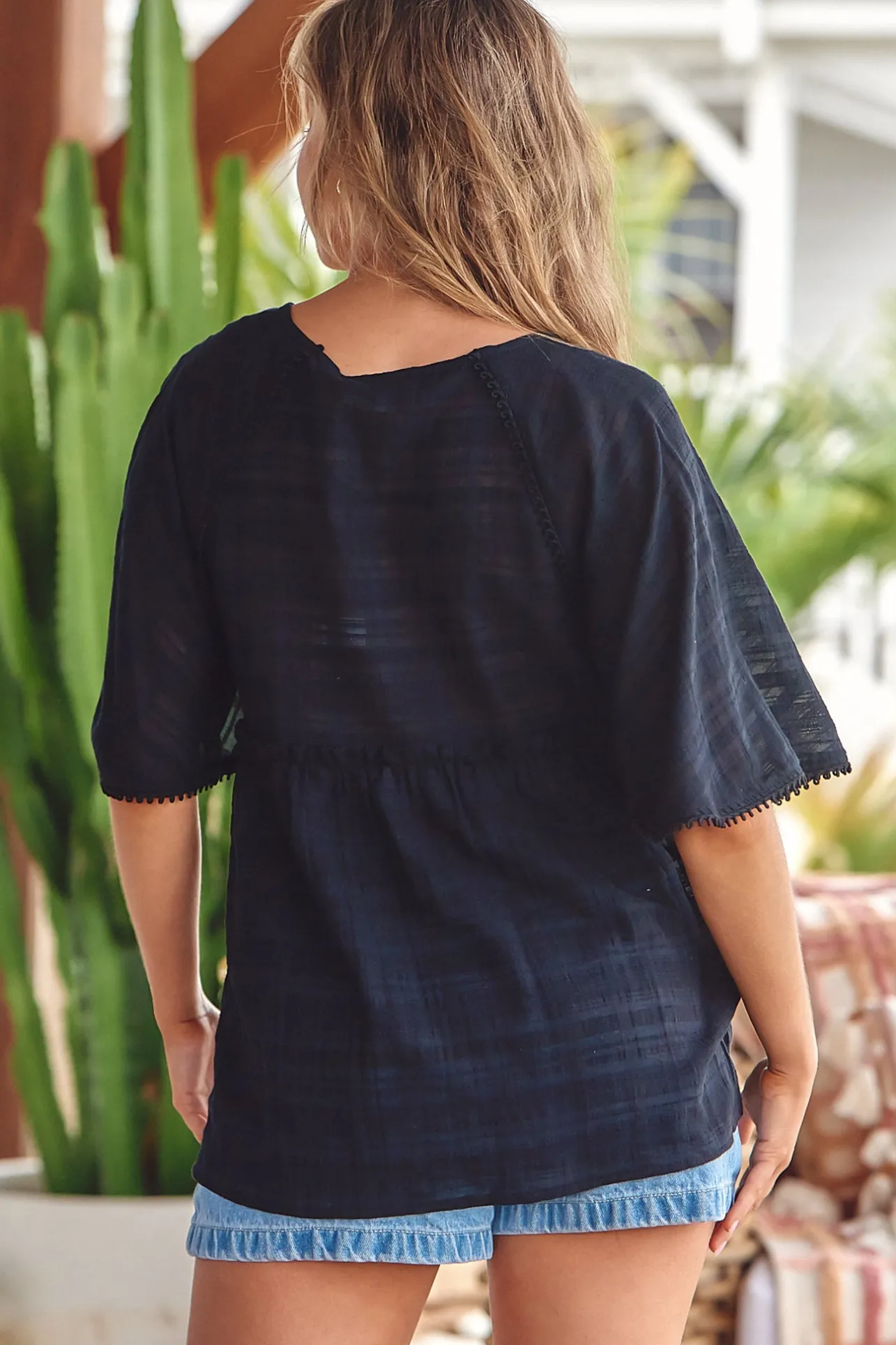 Mimosa Top- V-Neck Cotton Top with Bell Sleeves in Noel Black>Jaase