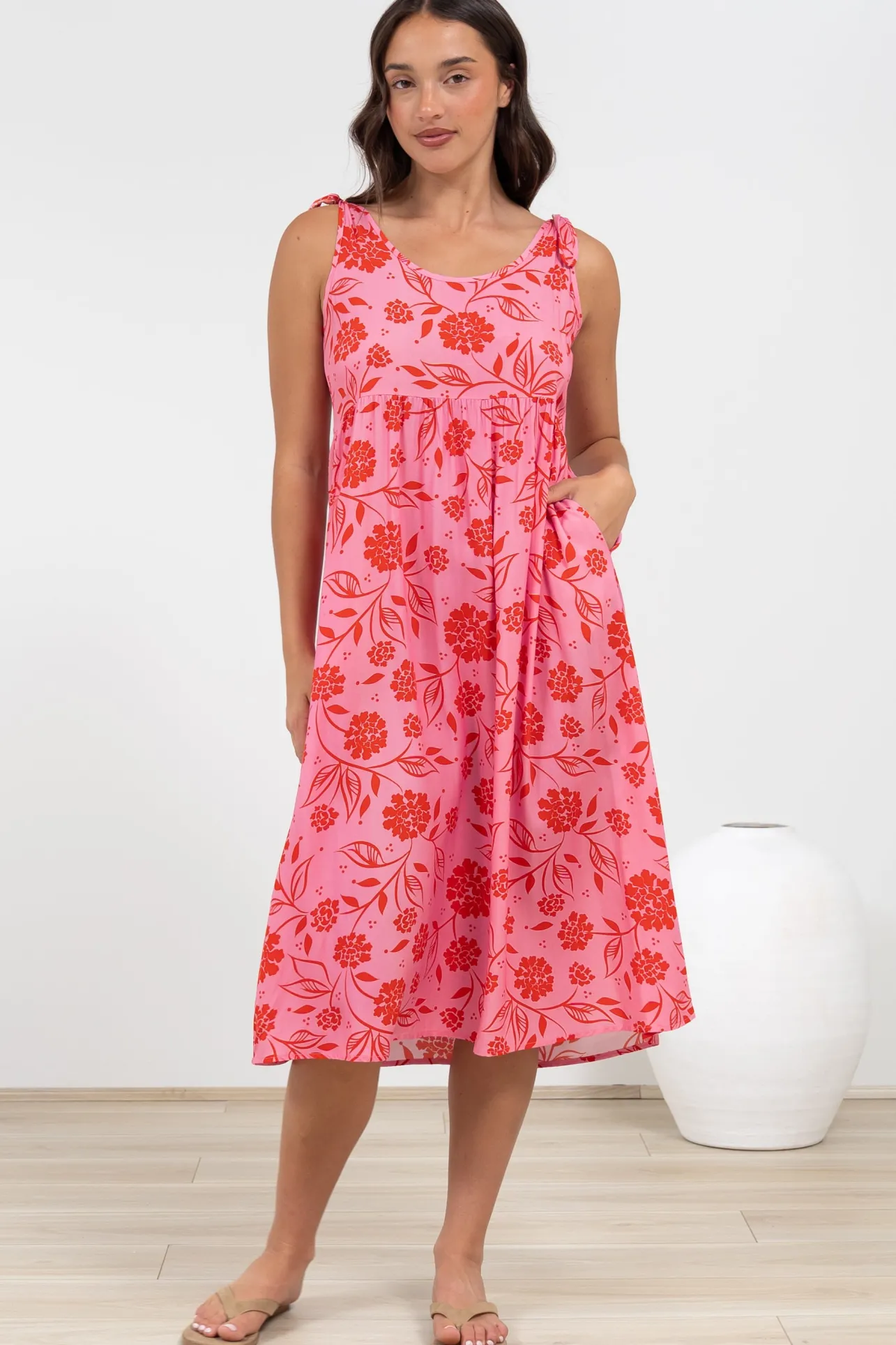 Misha Midi Dress - Tie Up Strap Scoop Neckline Dress in Friday Print>Salty Crush Best