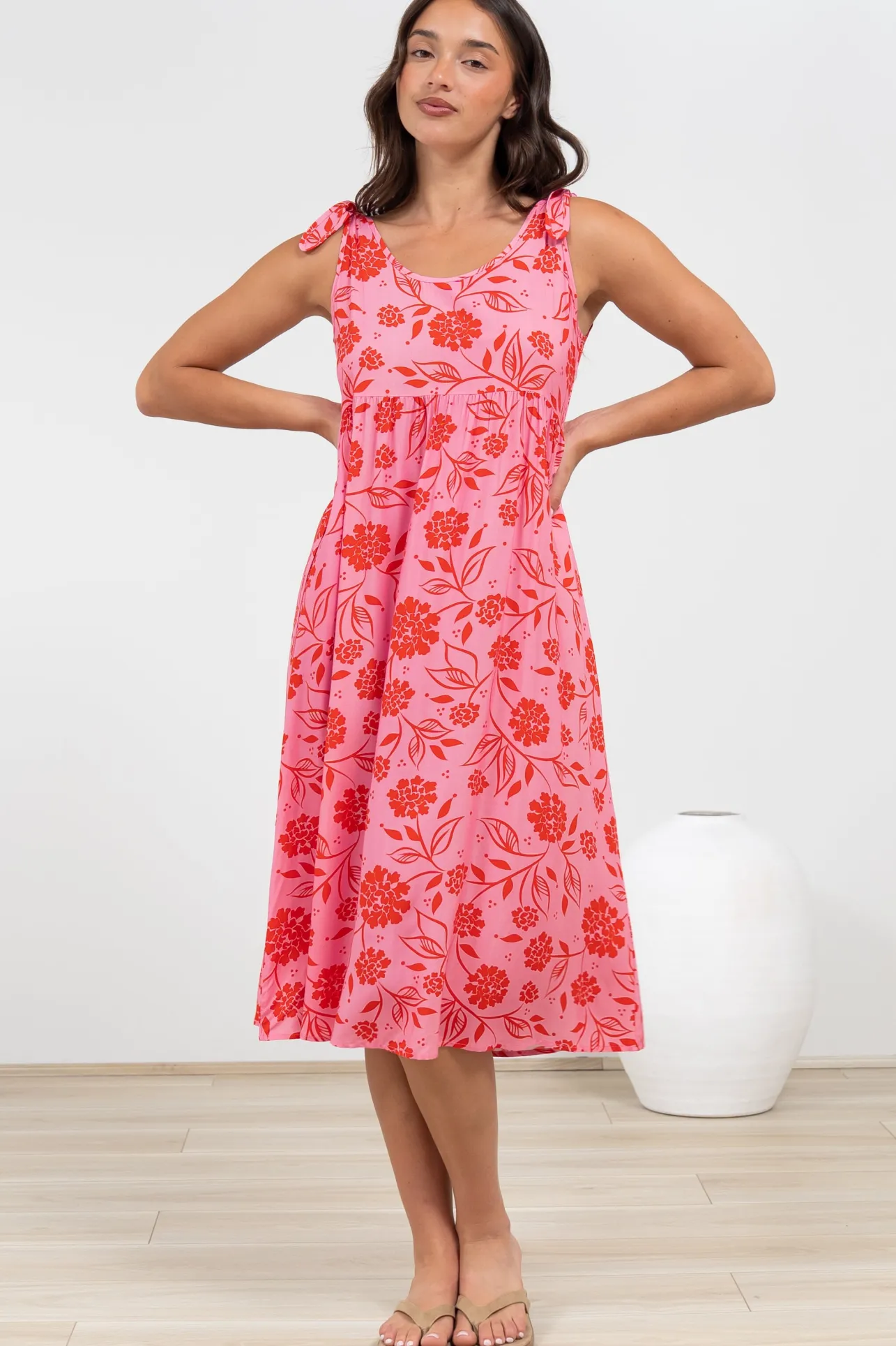 Misha Midi Dress - Tie Up Strap Scoop Neckline Dress in Friday Print>Salty Crush Best