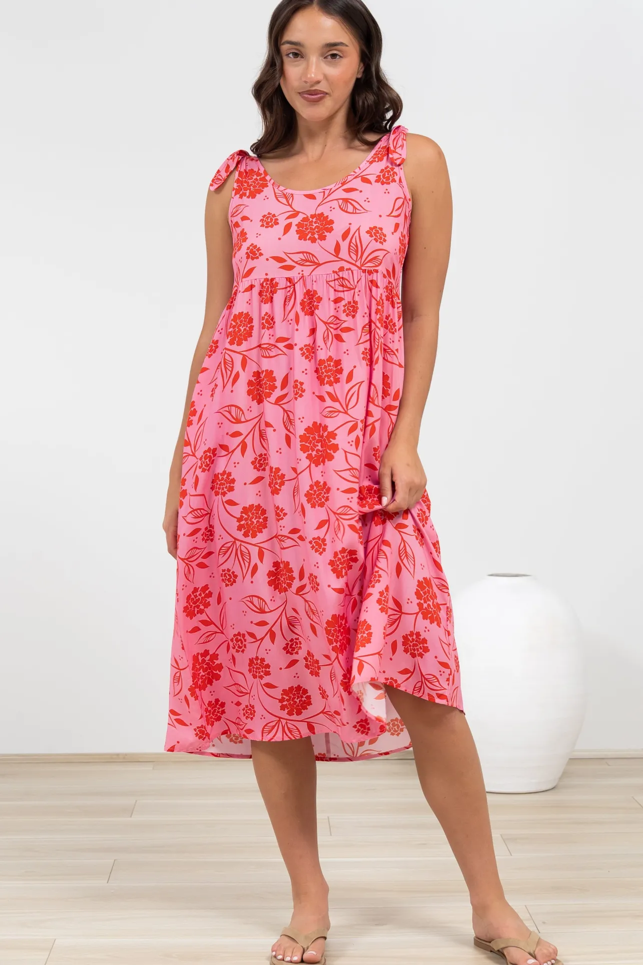 Misha Midi Dress - Tie Up Strap Scoop Neckline Dress in Friday Print>Salty Crush Best