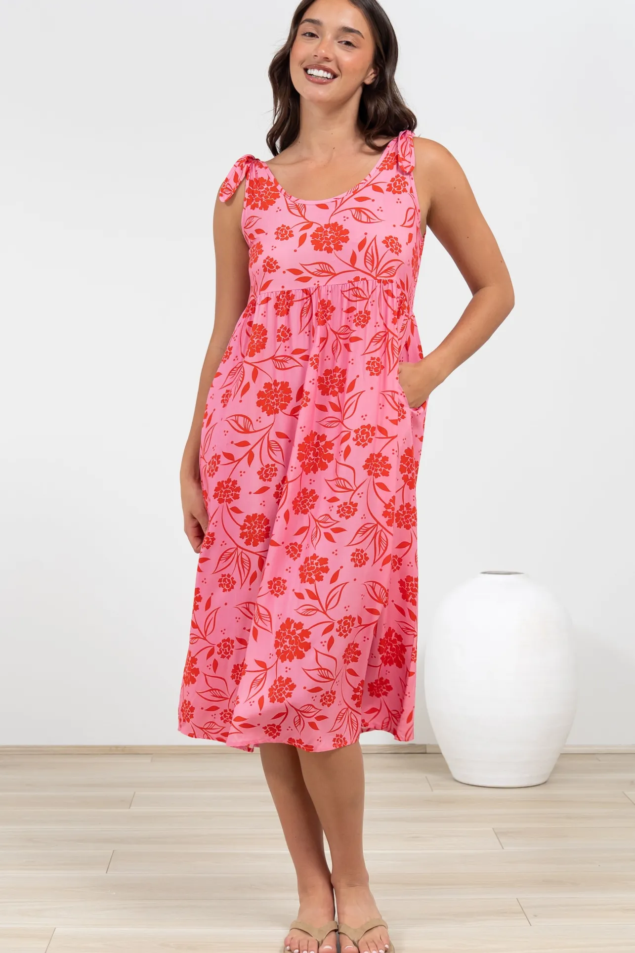 Misha Midi Dress - Tie Up Strap Scoop Neckline Dress in Friday Print>Salty Crush Best