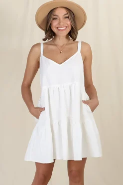 Missy Mini Dress - Thick Adjustable Strap Tiered Sun Dress in White><noscript><img width=
