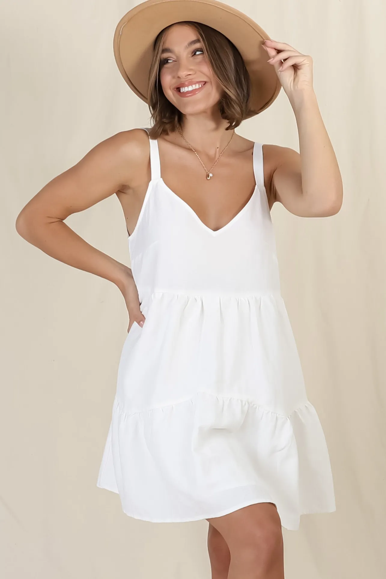 Missy Mini Dress - Thick Adjustable Strap Tiered Sun Dress in White>Salty Crush Best