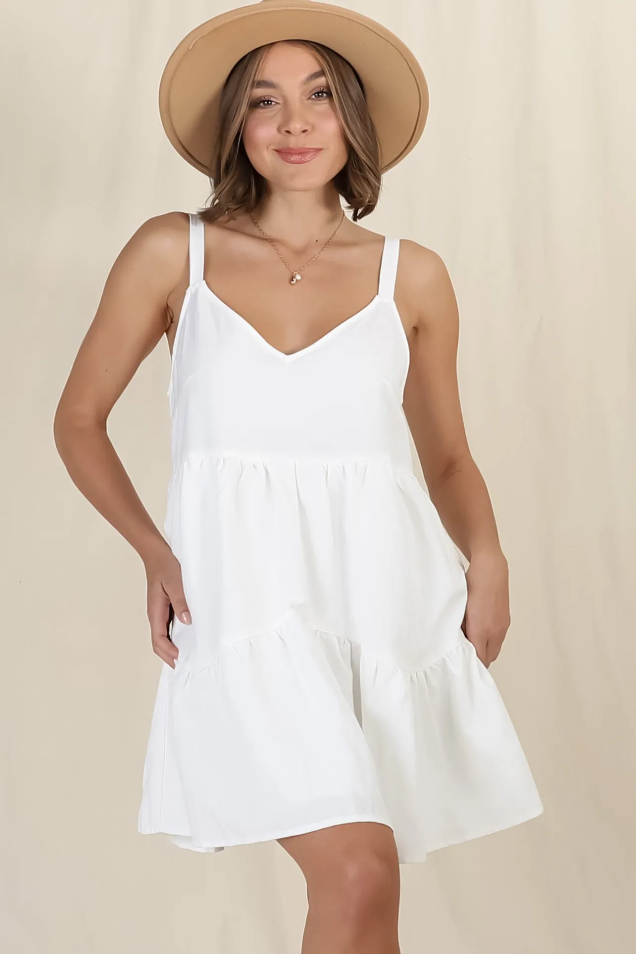 Missy Mini Dress - Thick Adjustable Strap Tiered Sun Dress in White>Salty Crush Best
