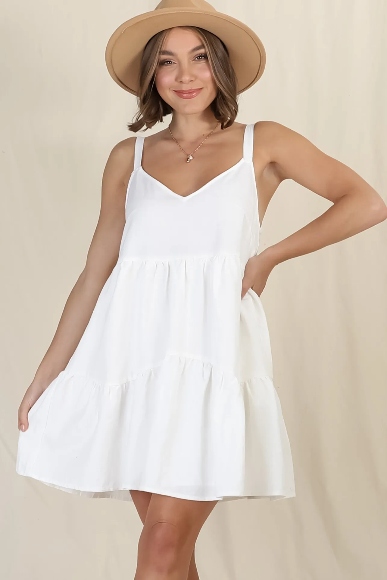 Missy Mini Dress - Thick Adjustable Strap Tiered Sun Dress in White>Salty Crush Best