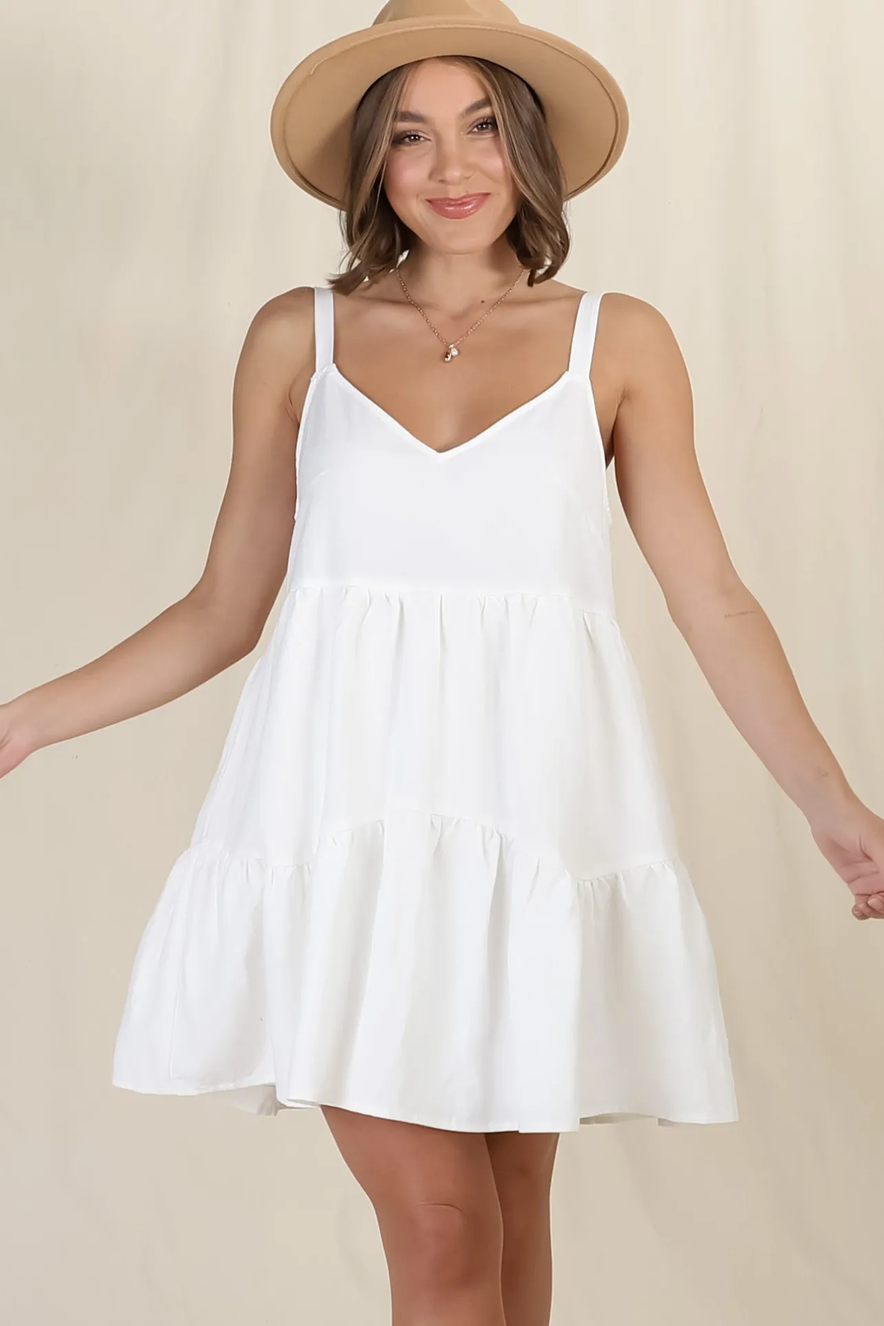 Missy Mini Dress - Thick Adjustable Strap Tiered Sun Dress in White>Salty Crush Best