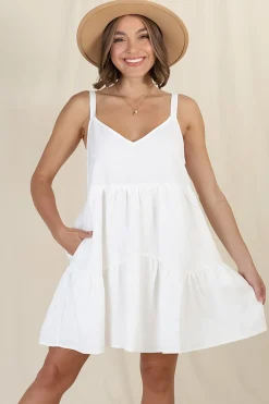 Missy Mini Dress - Thick Adjustable Strap Tiered Sun Dress in White><noscript><img width=