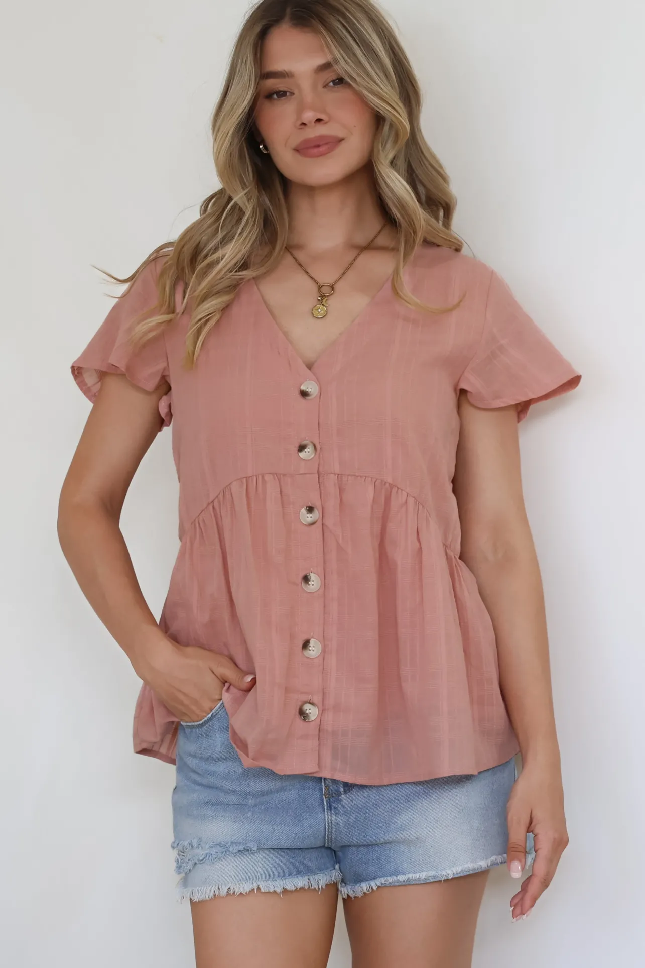 Mitzy Top - Textured Button Down Top with Cap Sleeves in Blush>Salty Crush Sale