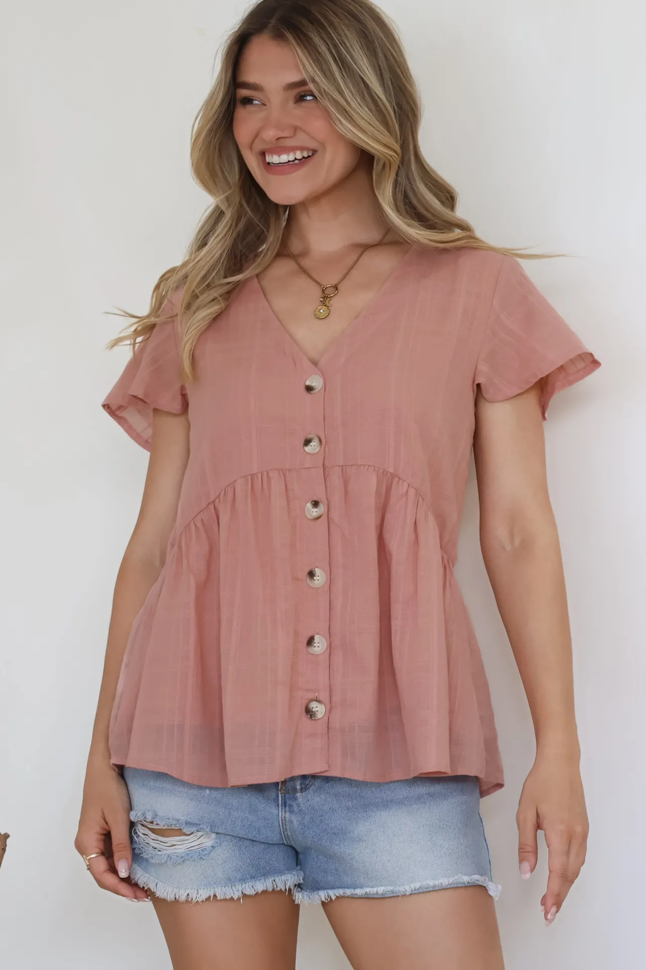 Mitzy Top - Textured Button Down Top with Cap Sleeves in Blush>Salty Crush Sale