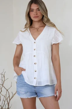 Mitzy Top - Textured Button Down Top with Cap Sleeves in White>Salty Crush Best