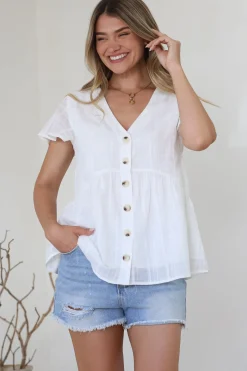 Mitzy Top - Textured Button Down Top with Cap Sleeves in White><noscript><img width=