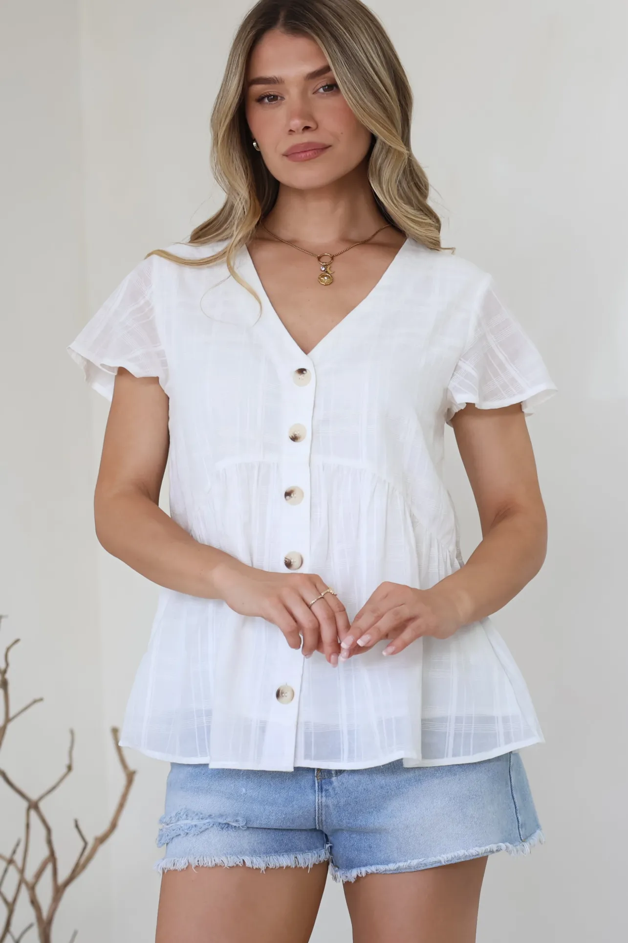 Mitzy Top - Textured Button Down Top with Cap Sleeves in White>Salty Crush Best