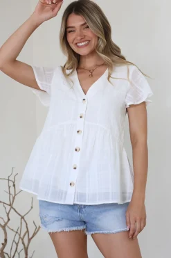 Mitzy Top - Textured Button Down Top with Cap Sleeves in White><noscript><img width=