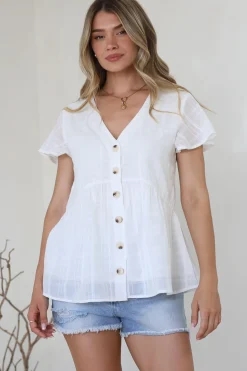 Mitzy Top - Textured Button Down Top with Cap Sleeves in White><noscript><img width=