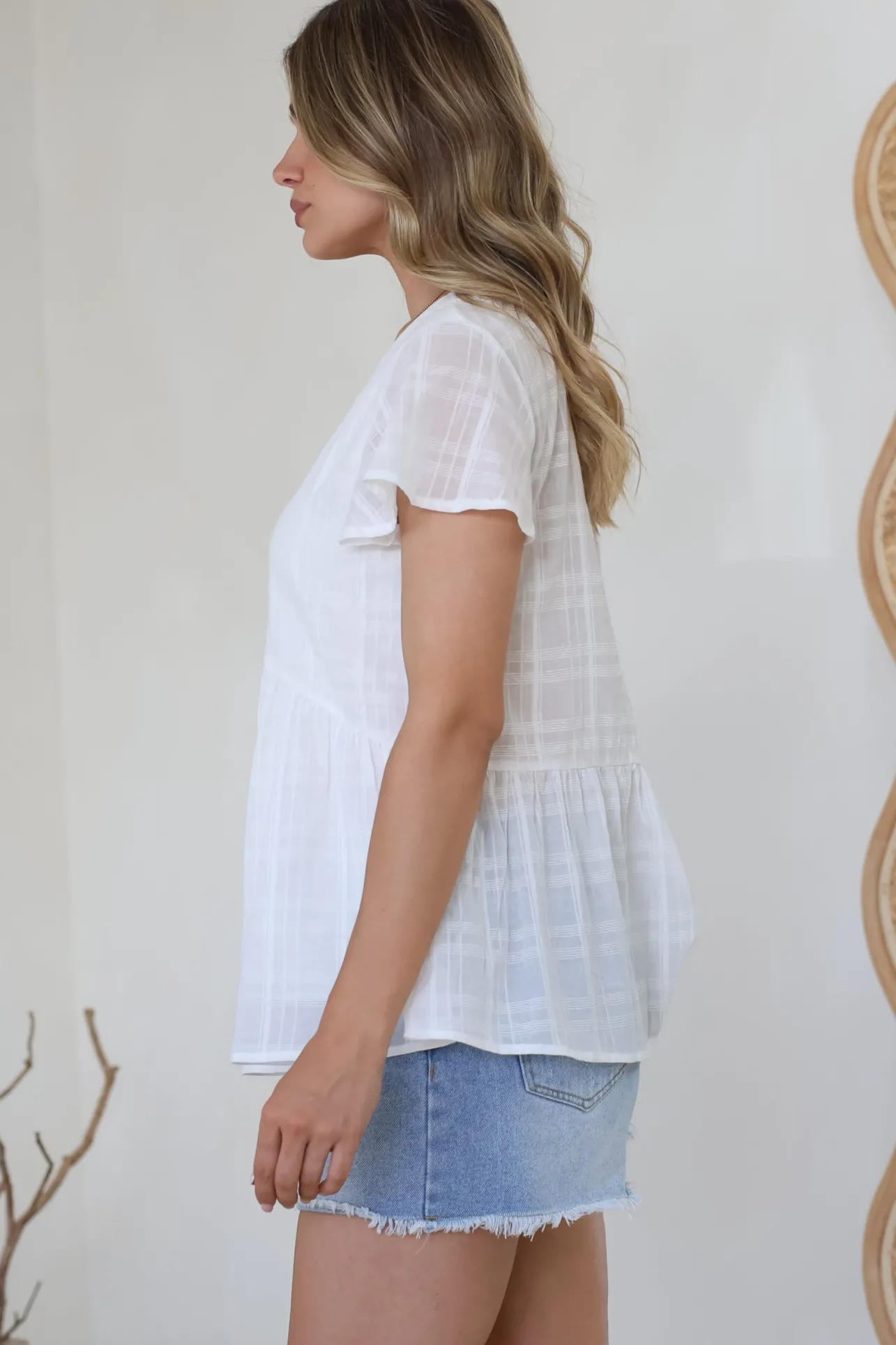 Mitzy Top - Textured Button Down Top with Cap Sleeves in White>Salty Crush Best