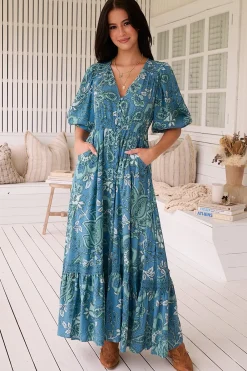Molli Maxi Dress - Button Down A-Line Dress with Tied Sleeves in Serenade Print><noscript><img width=