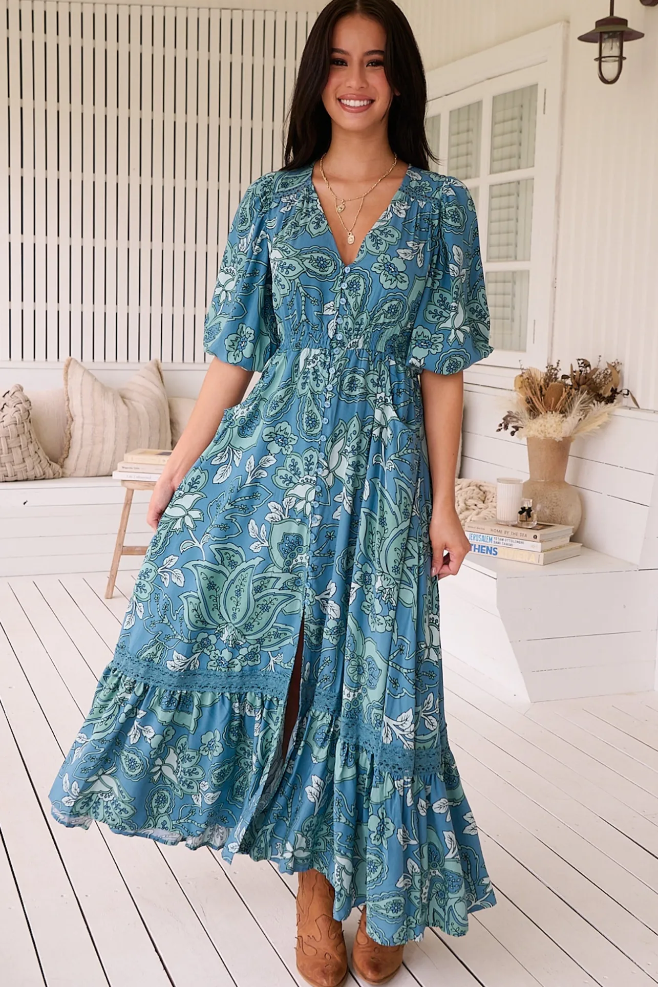 Molli Maxi Dress - Button Down A-Line Dress with Tied Sleeves in Serenade Print>Jaase Clearance