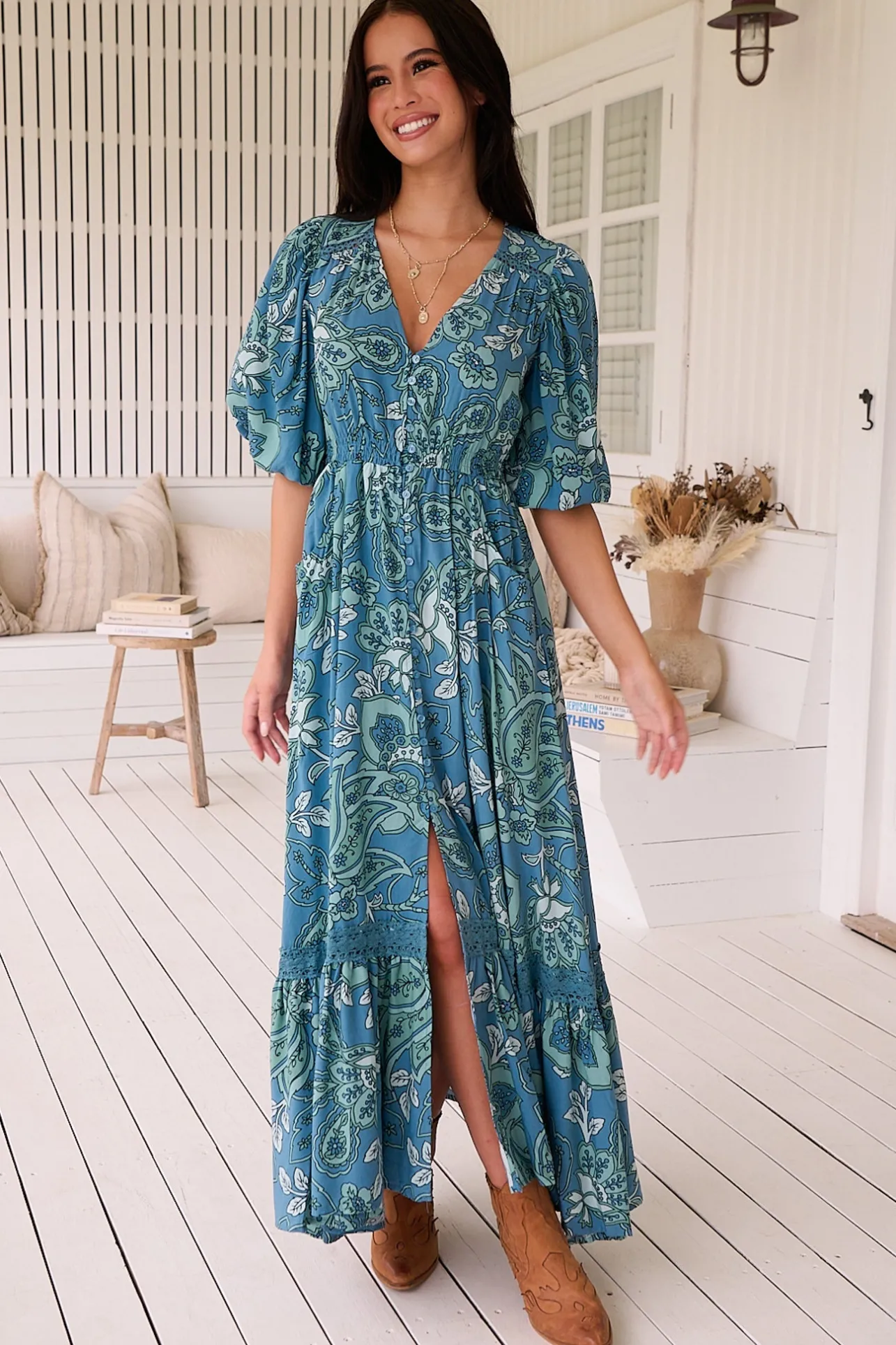 Molli Maxi Dress - Button Down A-Line Dress with Tied Sleeves in Serenade Print>Jaase Clearance