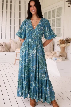 Molli Maxi Dress - Button Down A-Line Dress with Tied Sleeves in Serenade Print><noscript><img width=