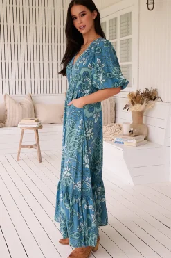 Molli Maxi Dress - Button Down A-Line Dress with Tied Sleeves in Serenade Print><noscript><img width=