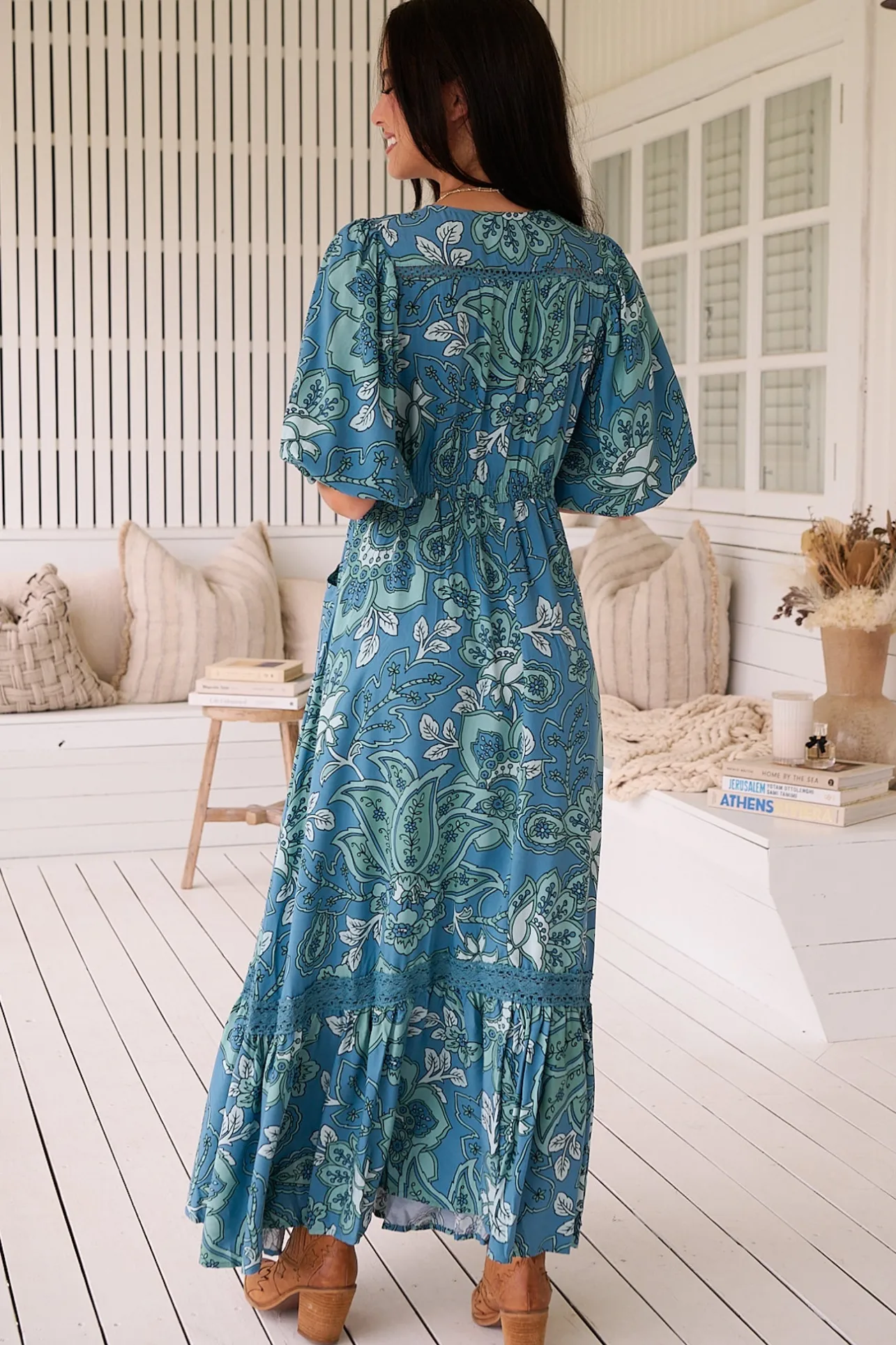 Molli Maxi Dress - Button Down A-Line Dress with Tied Sleeves in Serenade Print>Jaase Clearance