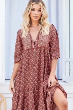 Monday Midi Dress - V Neck Crochet Bustline Smock Dress with Balloon Sleeves in Coral Eden Print><noscript><img width=