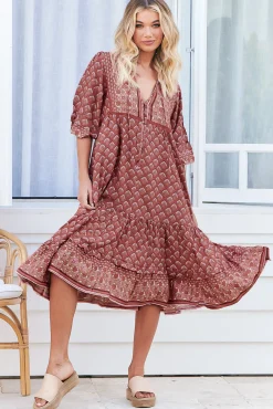 Monday Midi Dress - V Neck Crochet Bustline Smock Dress with Balloon Sleeves in Coral Eden Print><noscript><img width=