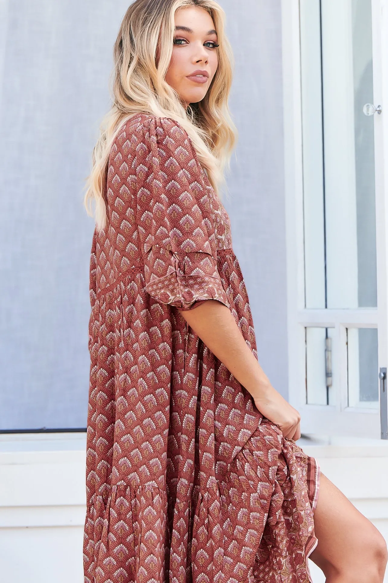Monday Midi Dress - V Neck Crochet Bustline Smock Dress with Balloon Sleeves in Coral Eden Print>Jaase Online