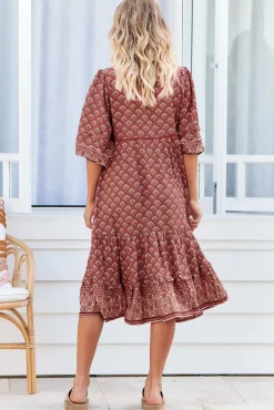 Monday Midi Dress - V Neck Crochet Bustline Smock Dress with Balloon Sleeves in Coral Eden Print><noscript><img width=