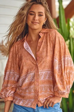 Moni Blouse - Collared Button Down Shirt with Balloon Sleeves in Peachy Print>Jaase Clearance