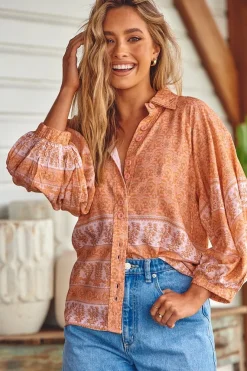 Moni Blouse - Collared Button Down Shirt with Balloon Sleeves in Peachy Print>Jaase Clearance